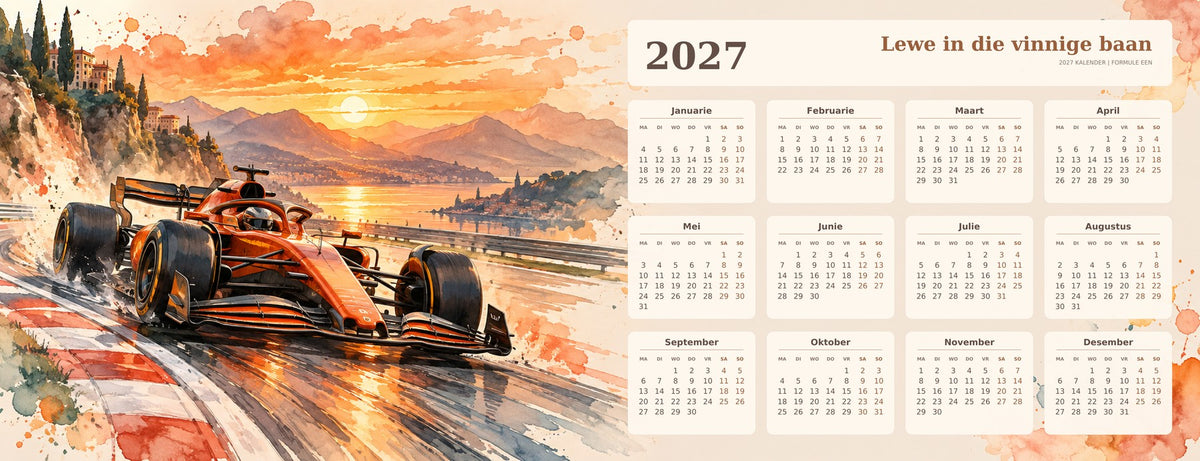 Sunset Circuit 2027 calendar desk mat full design – 780 × 300 mm