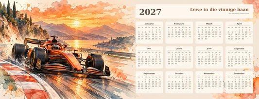 Sunset Circuit 2027 calendar desk mat full design – 780 × 300 mm