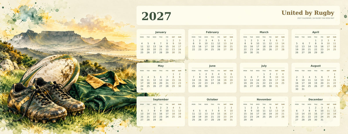 Watercolour Match Day 2027 calendar desk mat full design – 780 × 300 mm