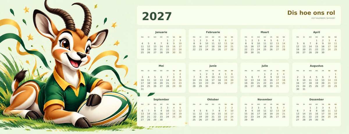Cheerful Bokke Mascot 2027 calendar desk mat full design – 780 × 300 mm