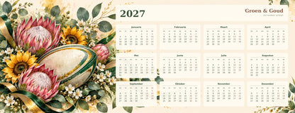 Floral Green and Gold 2027 calendar desk mat full design – 780 × 300 mm