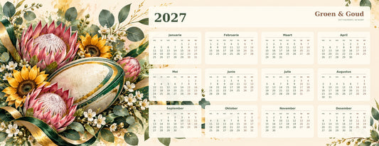 Floral Green and Gold 2027 calendar desk mat full design – 780 × 300 mm