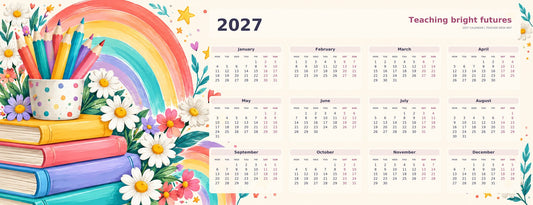 Rainbow Classroom 2027 calendar desk mat full design – 780 × 300 mm