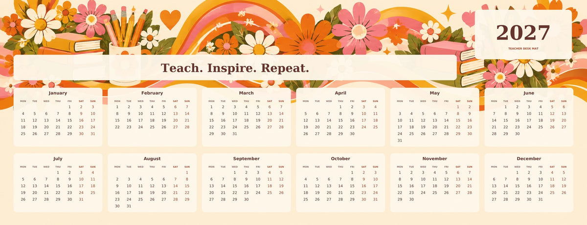 Groovy Teacher 2027 calendar desk mat full design – 780 × 300 mm