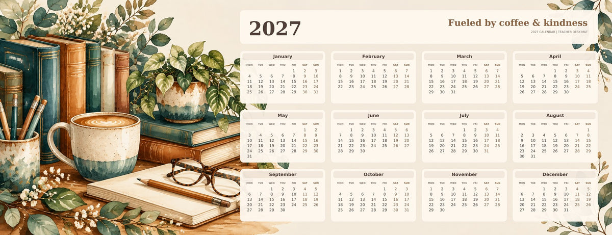 Books and Coffee 2027 calendar desk mat full design – 780 × 300 mm