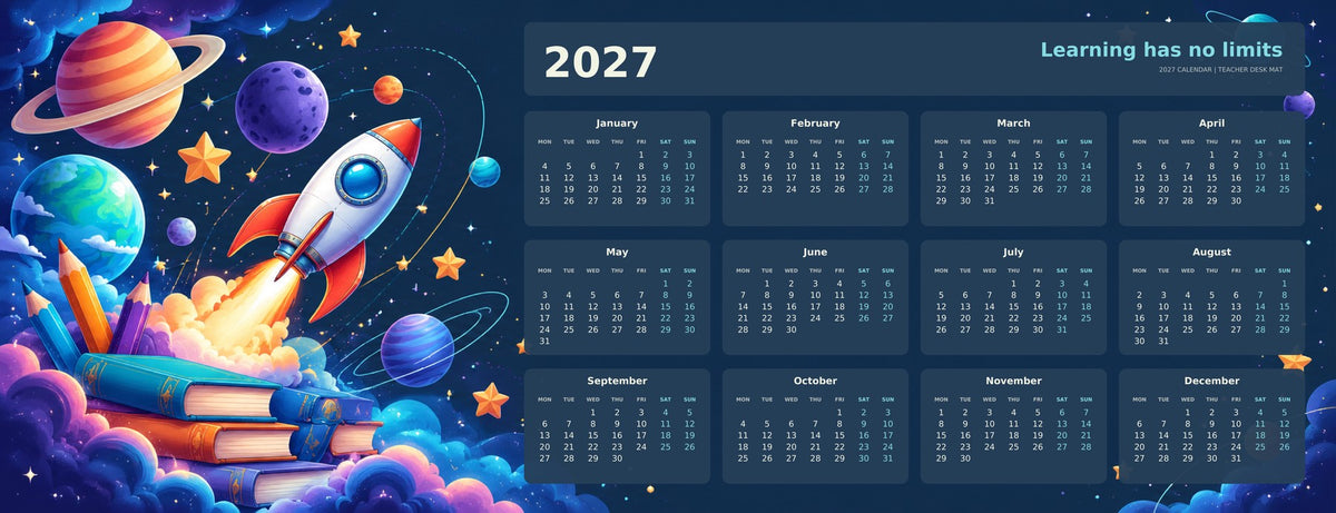 Classroom Space Explorer 2027 calendar desk mat full design – 780 × 300 mm