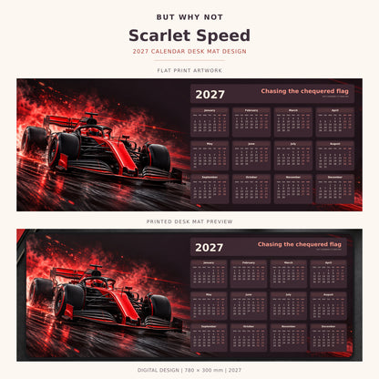 Scarlet Speed 2027 calendar desk mat – full design and printed mat preview