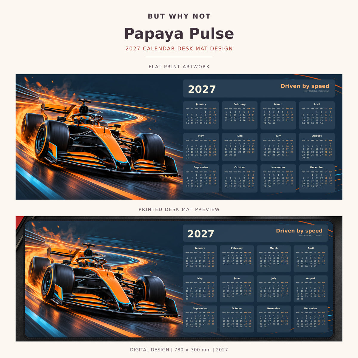 Papaya Pulse 2027 calendar desk mat – full design and printed mat preview