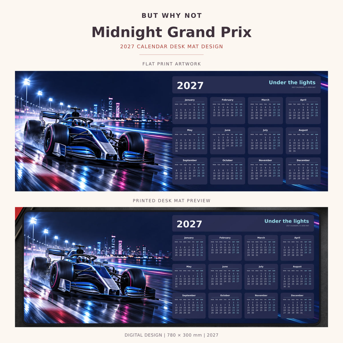 Midnight Grand Prix 2027 calendar desk mat – full design and printed mat preview