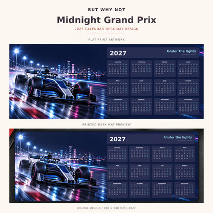 Midnight Grand Prix 2027 calendar desk mat – full design and printed mat preview