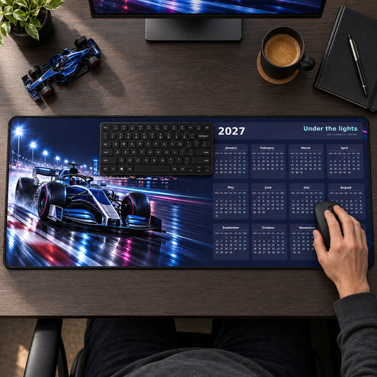Midnight Grand Prix 2027 calendar desk pad in use with a computer mouse on a styled desk.