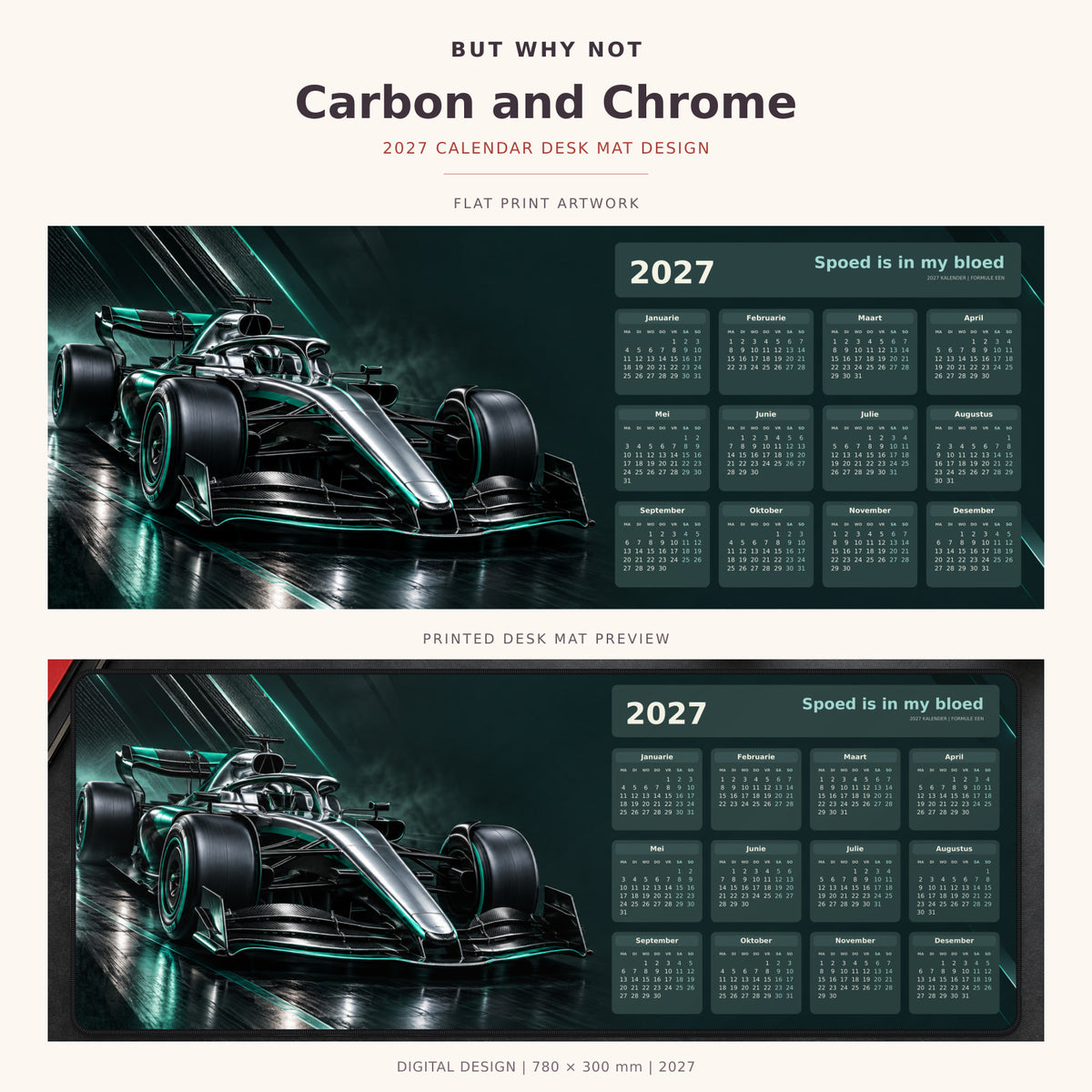 Carbon and Chrome 2027 calendar desk mat – full design and printed mat preview