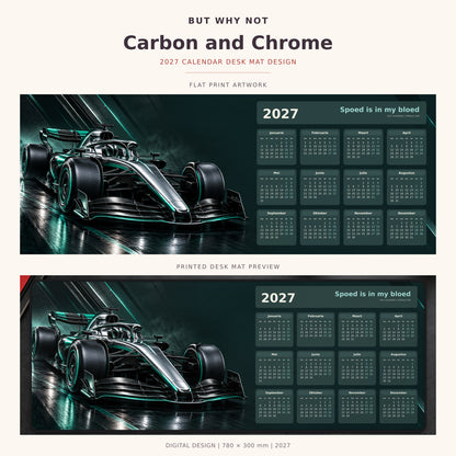 Carbon and Chrome 2027 calendar desk mat – full design and printed mat preview