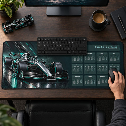 Carbon and Chrome 2027 calendar desk pad in use with a computer mouse on a styled desk.