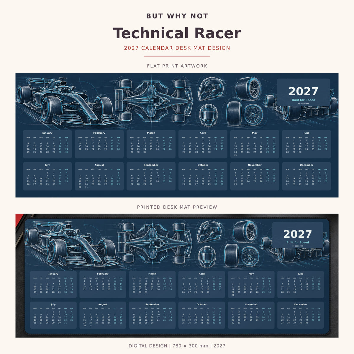 Technical Racer 2027 calendar desk mat – full design and printed mat preview