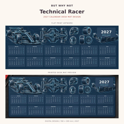 Technical Racer 2027 calendar desk mat – full design and printed mat preview