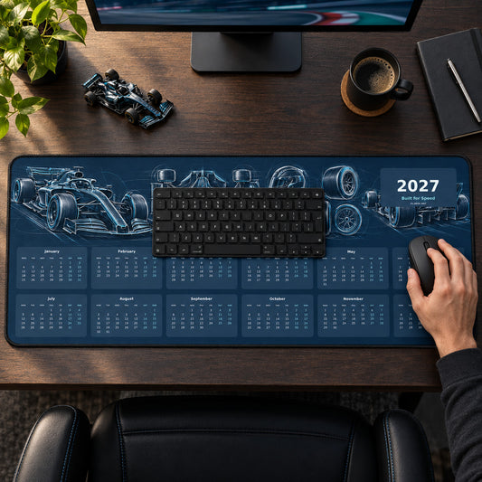 Technical Racer 2027 calendar desk pad in use with a computer mouse on a styled desk.