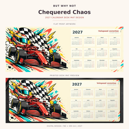 Chequered Chaos 2027 calendar desk mat – full design and printed mat preview