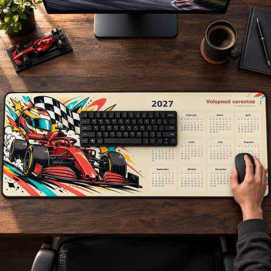 Chequered Chaos 2027 calendar desk pad in use with a computer mouse on a styled desk.