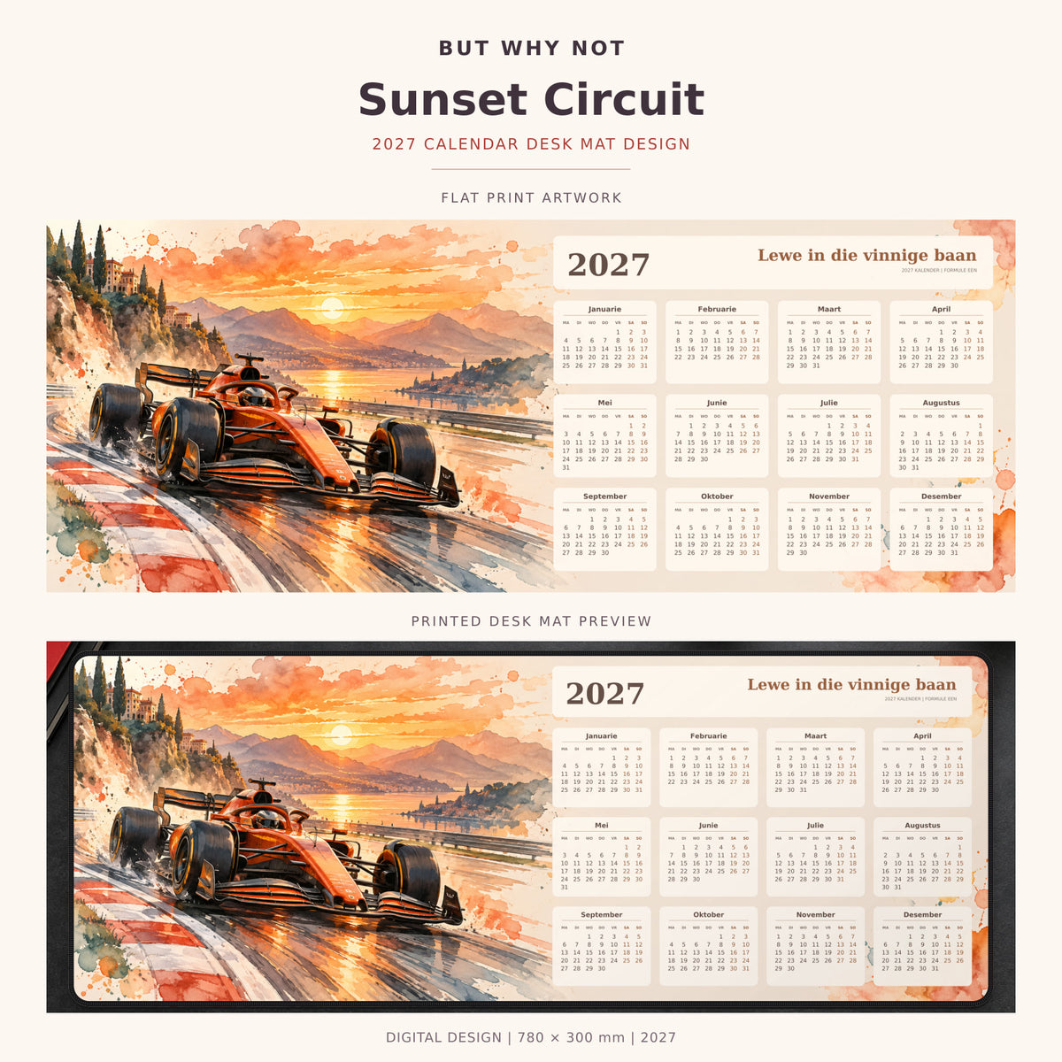 Sunset Circuit 2027 calendar desk mat – full design and printed mat preview