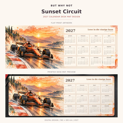 Sunset Circuit 2027 calendar desk mat – full design and printed mat preview