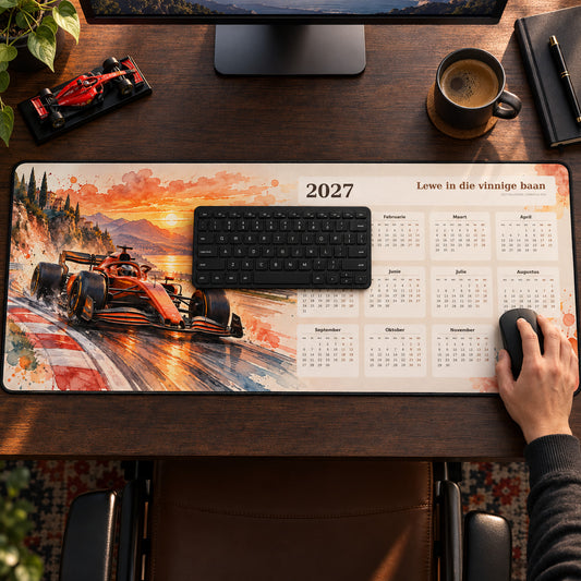 Sunset Circuit 2027 calendar desk pad in use with a computer mouse on a styled desk.