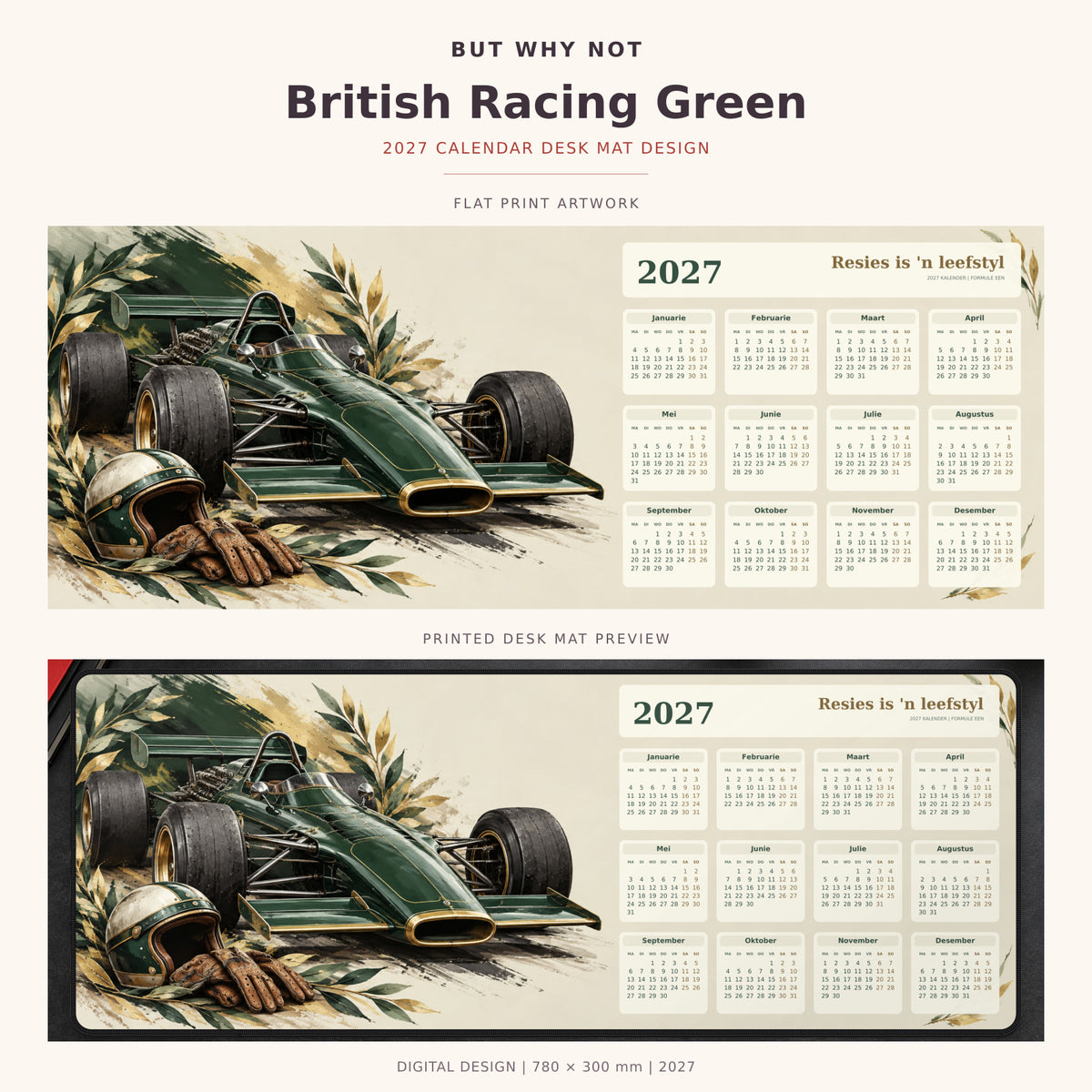 British Racing Green 2027 calendar desk mat – full design and printed mat preview