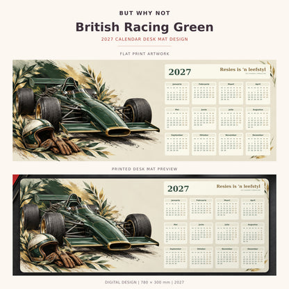 British Racing Green 2027 calendar desk mat – full design and printed mat preview