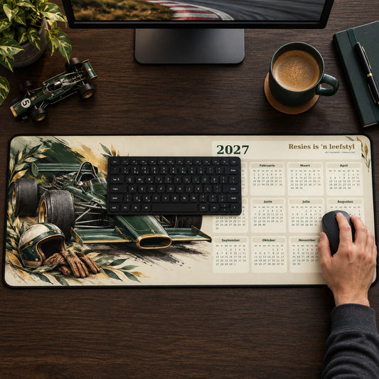 British Racing Green 2027 calendar desk pad in use with a computer mouse on a styled desk.