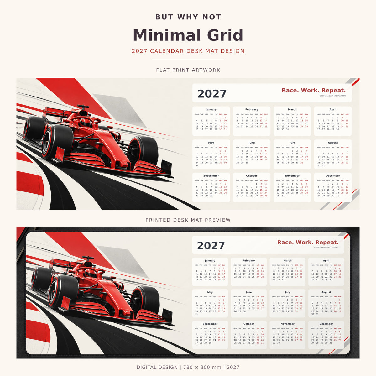 Minimal Grid 2027 calendar desk mat – full design and printed mat preview