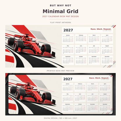 Minimal Grid 2027 calendar desk mat – full design and printed mat preview