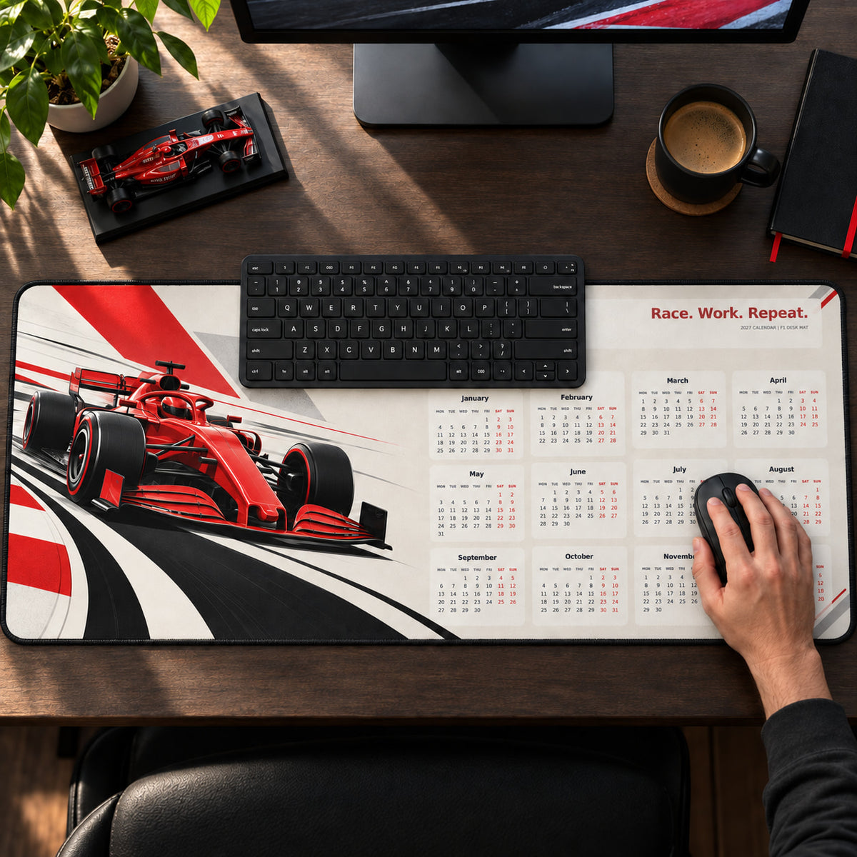 Minimal Grid 2027 calendar desk pad in use with a computer mouse on a styled desk.