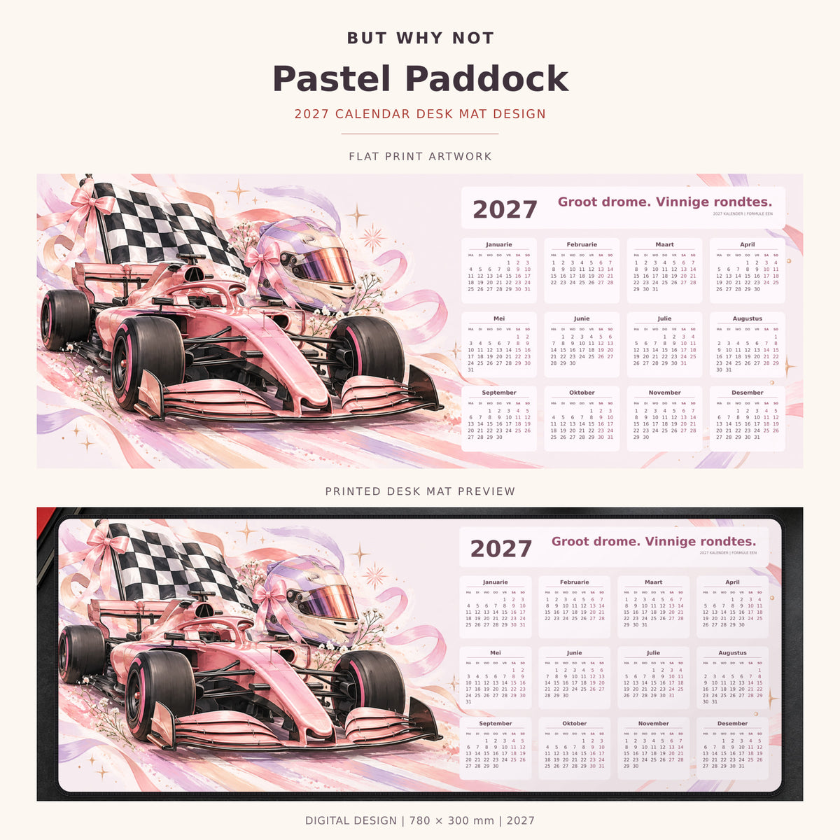 Pastel Paddock 2027 calendar desk mat – full design and printed mat preview