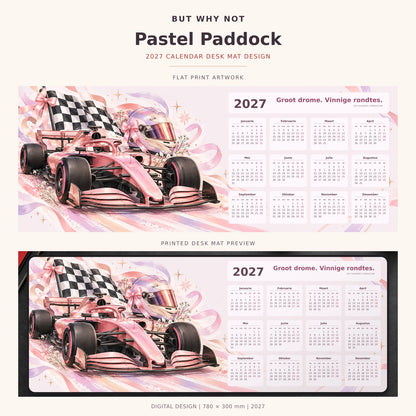 Pastel Paddock 2027 calendar desk mat – full design and printed mat preview