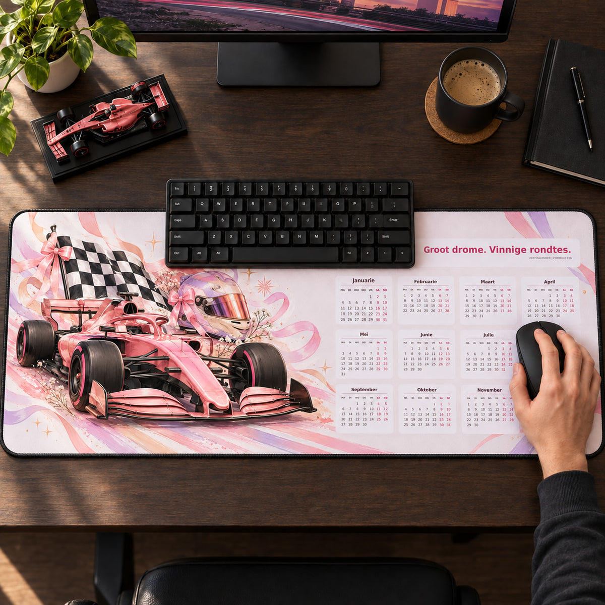Pastel Paddock 2027 calendar desk pad in use with a computer mouse on a styled desk.