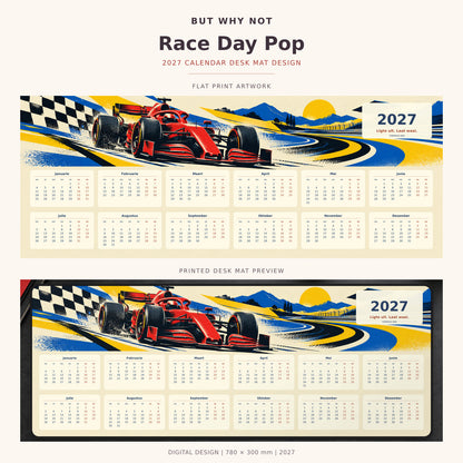 Race Day Pop 2027 calendar desk mat – full design and printed mat preview