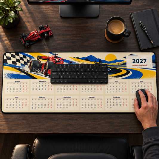 Race Day Pop 2027 calendar desk pad in use with a computer mouse on a styled desk.