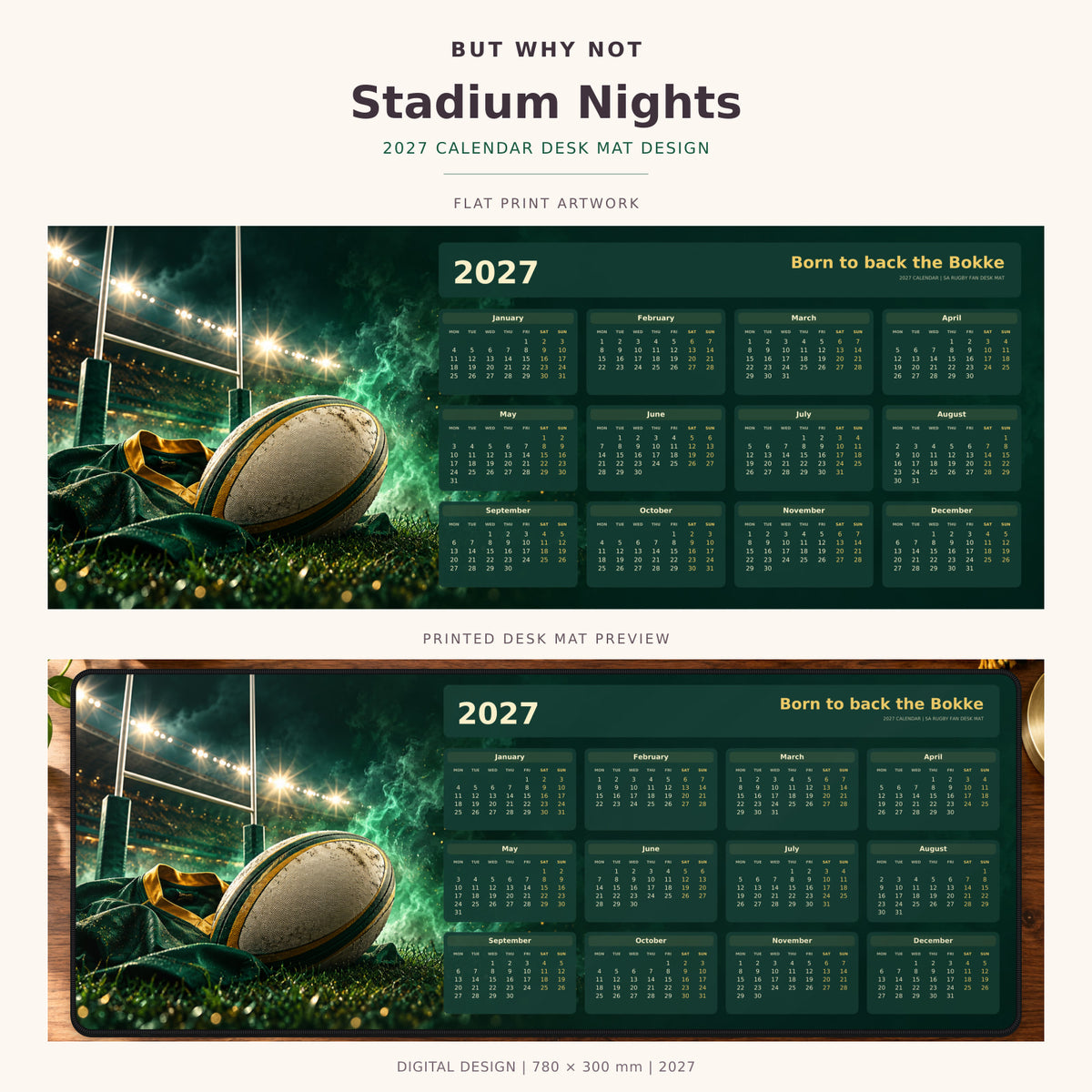 Stadium Nights 2027 calendar desk mat – full design and printed mat preview