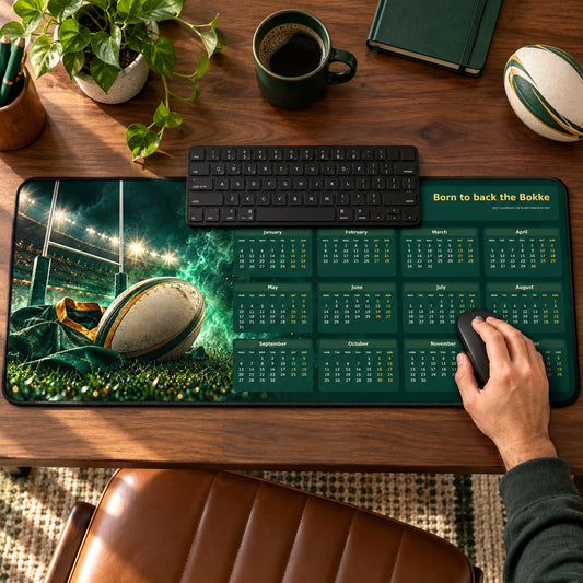 Stadium Nights 2027 calendar desk pad in use with a computer mouse on a styled desk.