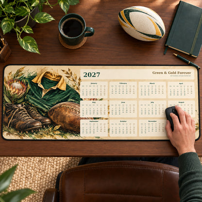 Vintage Rugby Club 2027 calendar desk pad in use with a computer mouse on a styled desk.