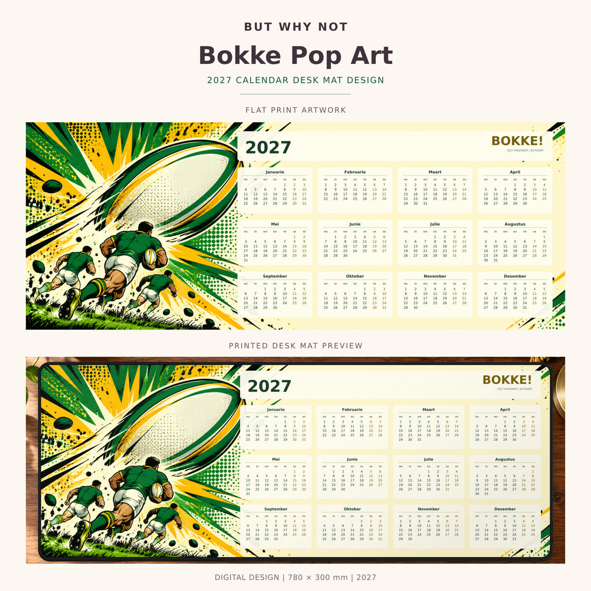 Bokke Pop Art 2027 calendar desk mat – full design and printed mat preview
