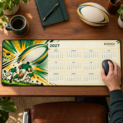 Bokke Pop Art 2027 calendar desk pad in use with a computer mouse on a styled desk.