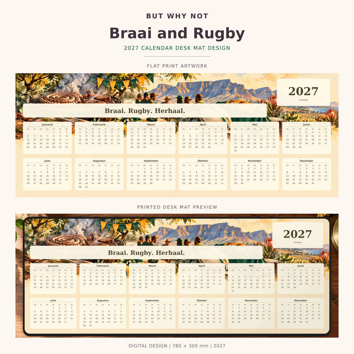 Braai and Rugby 2027 calendar desk mat – full design and printed mat preview