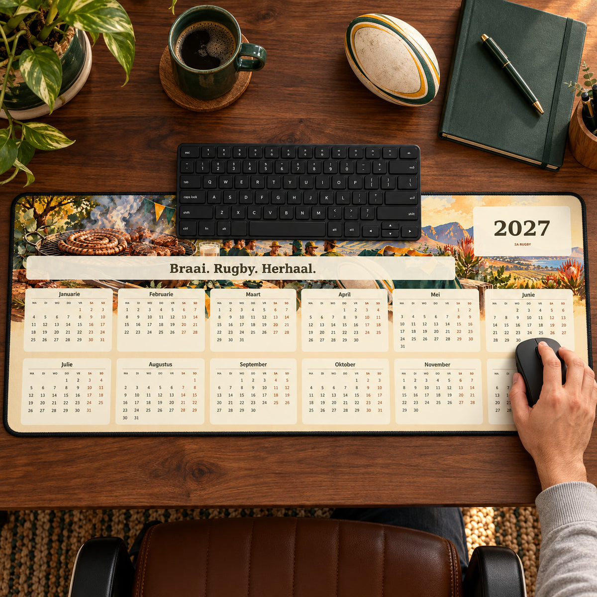 Braai and Rugby 2027 calendar desk pad in use with a computer mouse on a styled desk.