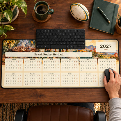 Braai and Rugby 2027 calendar desk pad in use with a computer mouse on a styled desk.
