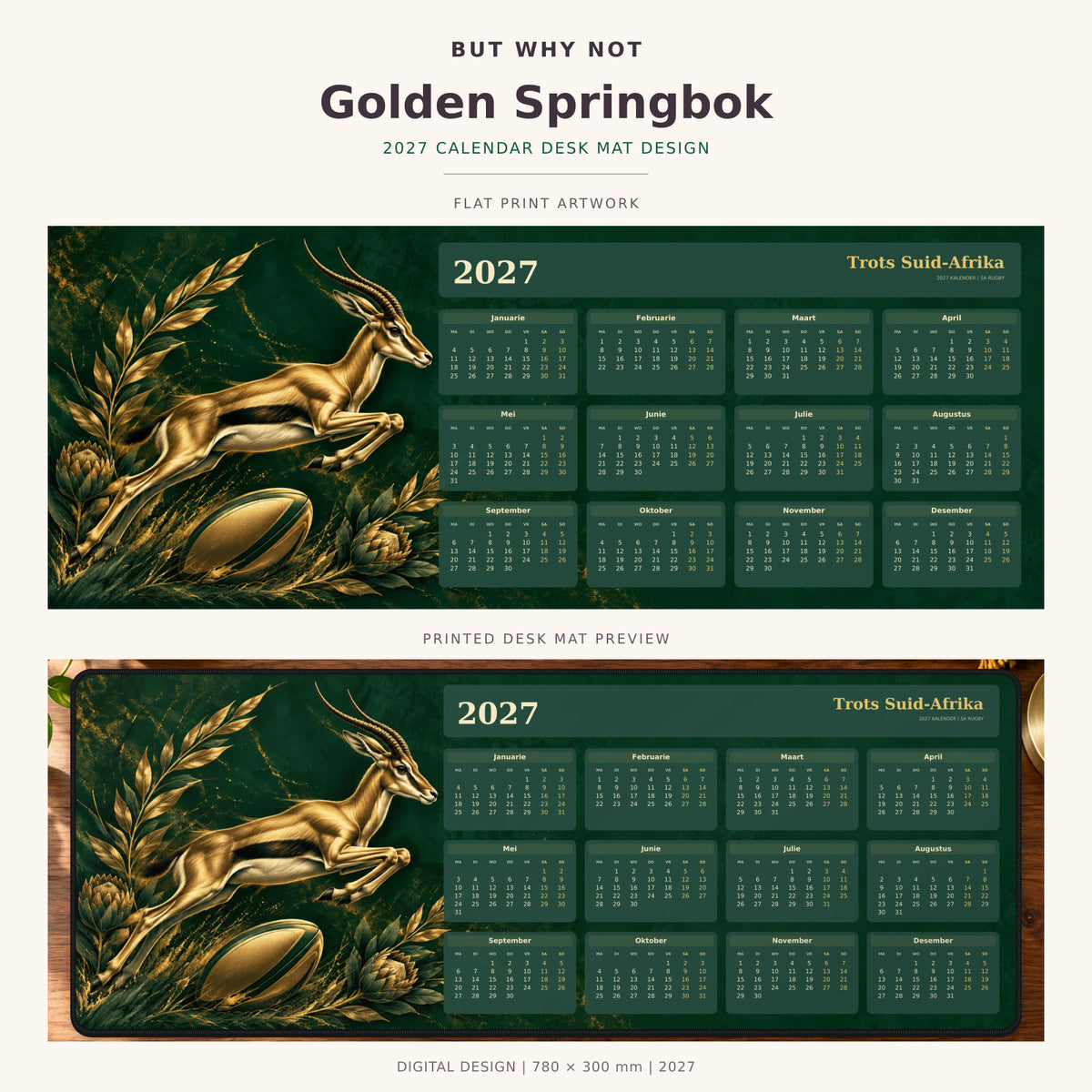 Golden Springbok 2027 calendar desk mat – full design and printed mat preview
