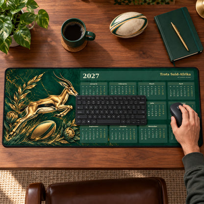 Golden Springbok 2027 calendar desk pad in use with a computer mouse on a styled desk.