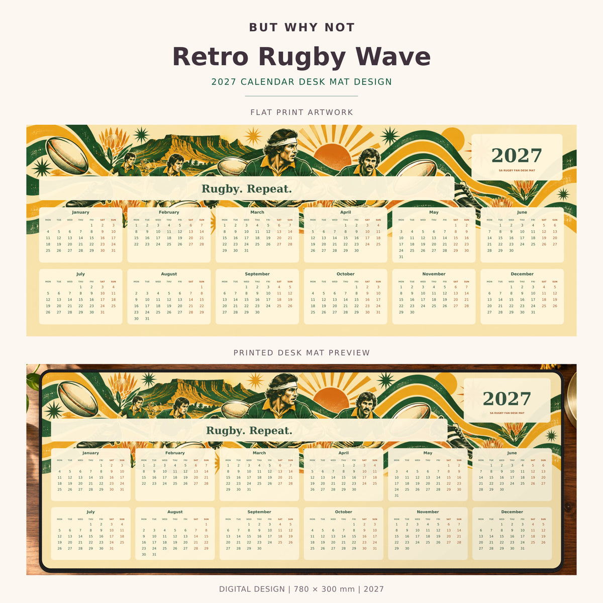 Retro Rugby Wave 2027 calendar desk mat – full design and printed mat preview