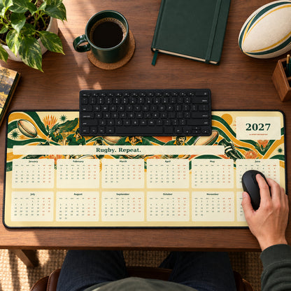 Retro Rugby Wave 2027 calendar desk pad in use with a computer mouse on a styled desk.
