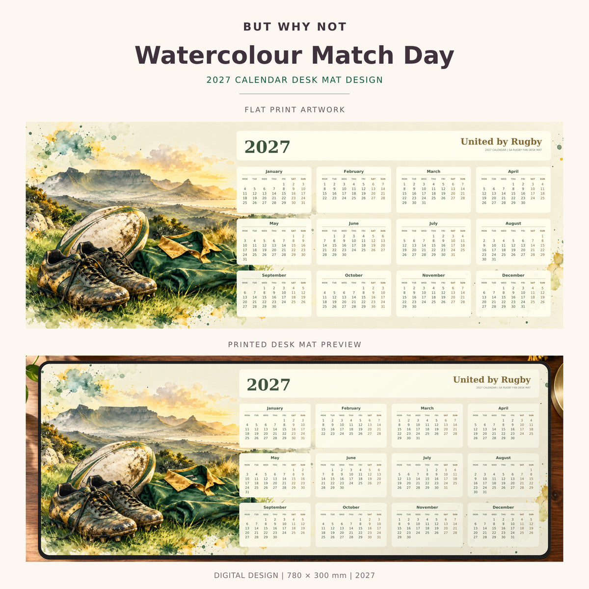 Watercolour Match Day 2027 calendar desk mat – full design and printed mat preview